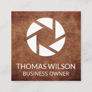 Carte De Visite Carré Icône Lens de la caméra   Arrière - plan en cuir