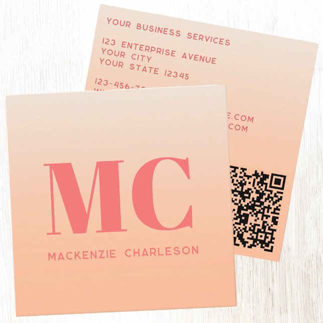 Carte De Visite Carré Initiales de monogramme moderne QR Code Peach Grad (Simple minimalist initials peach gradient QR code business card)