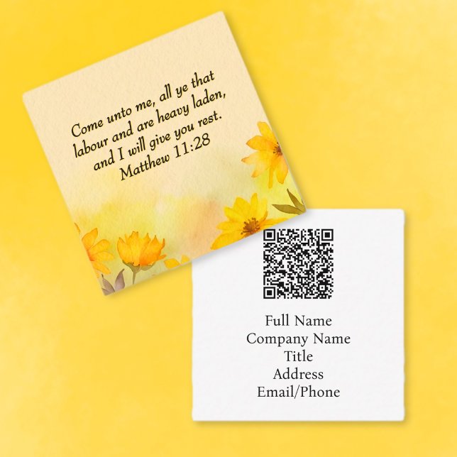 Carte De Visite Carré Inspirationnel Matthieu 11:28 Floral Jaune (Créateur téléchargé)