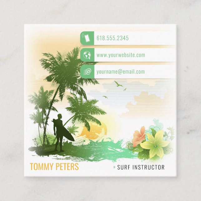 Carte De Visite Carré Instructeur de surf | Vacances actives Surfboard (Devant)