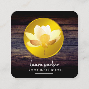 Carte De Visite Carré Instructeur de Yoga de Lotus d'or Bois rustique