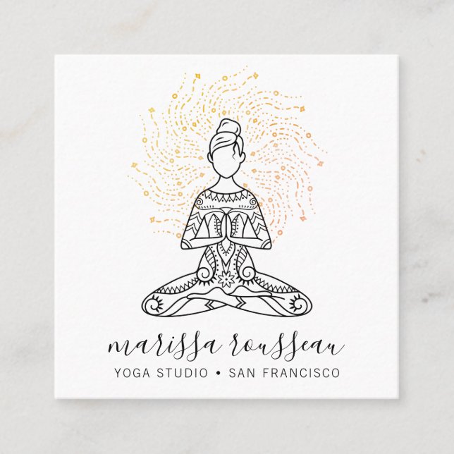 Carte De Visite Carré Instructeur de Yoga Gold Sun Rays (Devant)