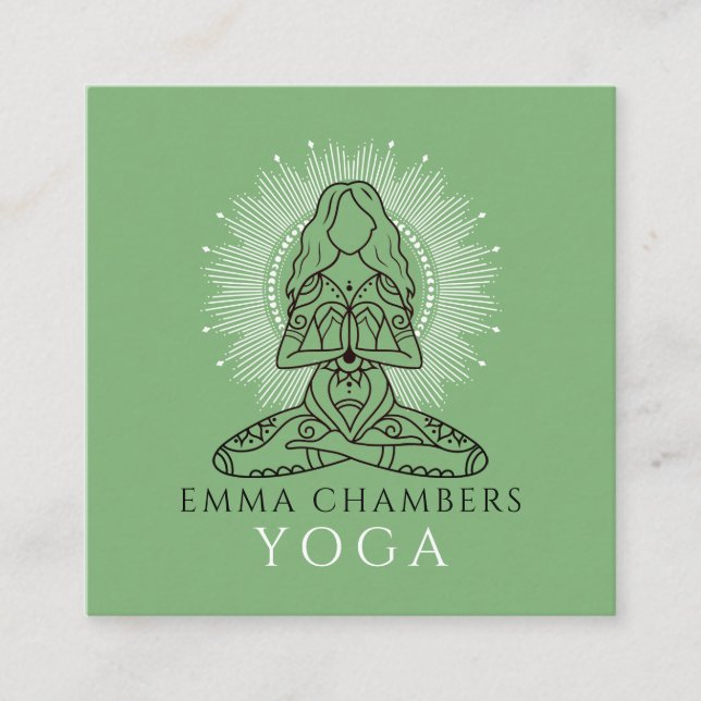 Carte De Visite Carré Instructeur de Yoga Lotus Pose Blanc Mandala Vert (Devant)