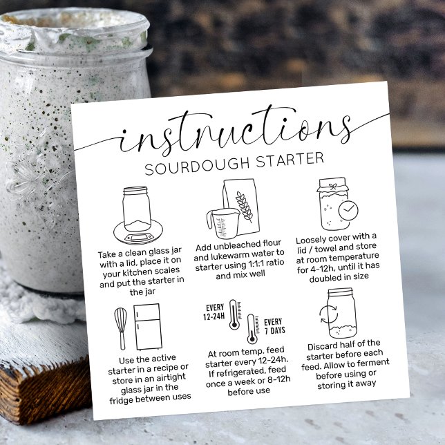 Carte De Visite Carré Instructions pour le démarrage du pâte à papier -  (Minimalist sourdough starter feeding instructions cards with care icons, stylish calligraphy font)