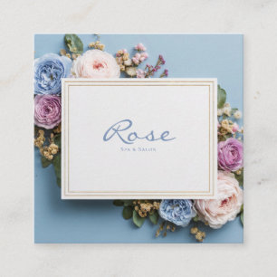 Carte De Visite Carré Jardin de Roses Élégant Cadre Floral Bleu Poussiér