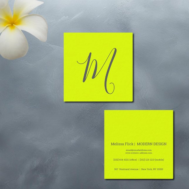 Carte De Visite Carré jaune fluorescent - monogramme chic (Créateur téléchargé)