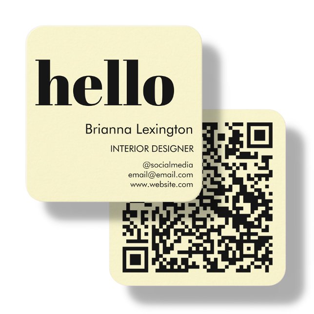 Carte De Visite Carré Jaune | QR Code Médias sociaux Bonjour (Créateur téléchargé)