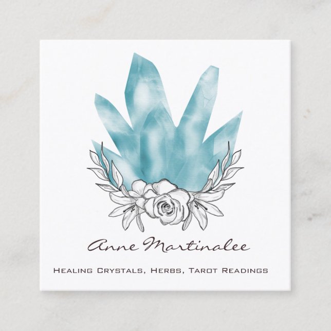 Carte De Visite Carré Joli Doodle Floral Crystals Bleus (Devant)