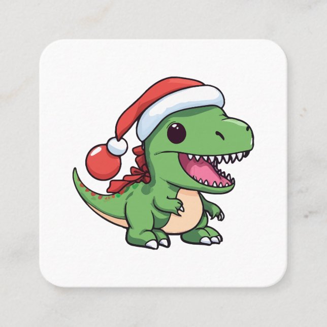 Carte De Visite Carré Kawaii T-Rex Dinosaur en Casquette de Noël (Devant)