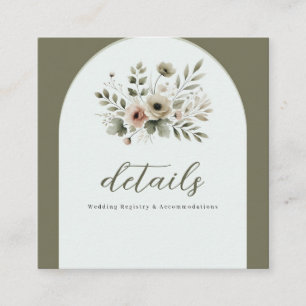 Carte De Visite Carré Khaki Olive Green Aquarelle Floral Mariage Détail