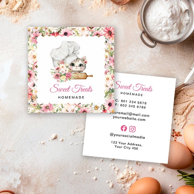 Carte De Visite Carré Kitten Chef Bakery Pink (Créateur téléchargé)