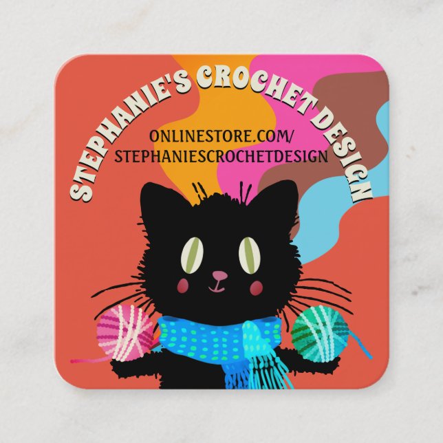 Carte De Visite Carré Kitty fil chat arc-en-ciel crochet tricot homespun (Devant)
