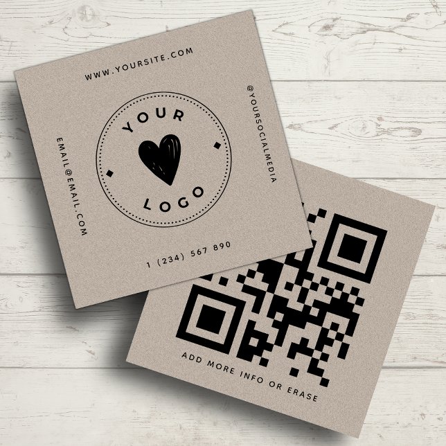 Carte De Visite Carré Kraft papier géométrique QR Code & Logo Earthy Uni (Créateur téléchargé)