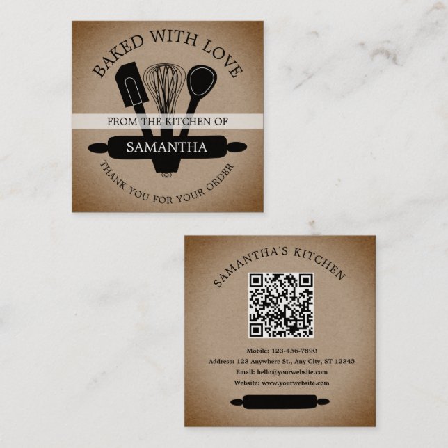 Carte De Visite Carré Kraft Rustique Cuit Avec Amour QR Code Merci (Devant / Derrière)