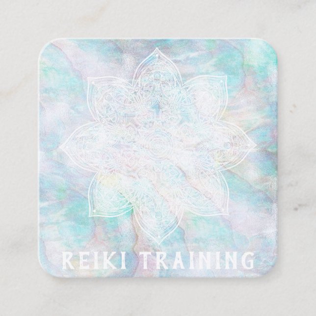 Carte De Visite Carré *~* Lacey Blanc Mandala bleu rose jaune pastel (Devant)