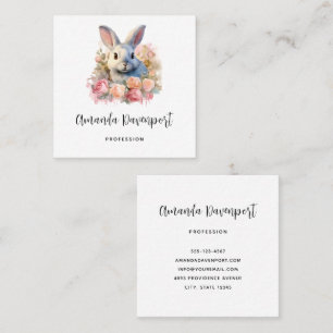 Carte De Visite Carré Lapin avec une guirlande de roses Mignon