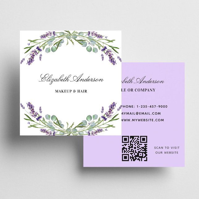 Carte De Visite Carré Lavande eucalyptus vert violet code QR (Créateur téléchargé)