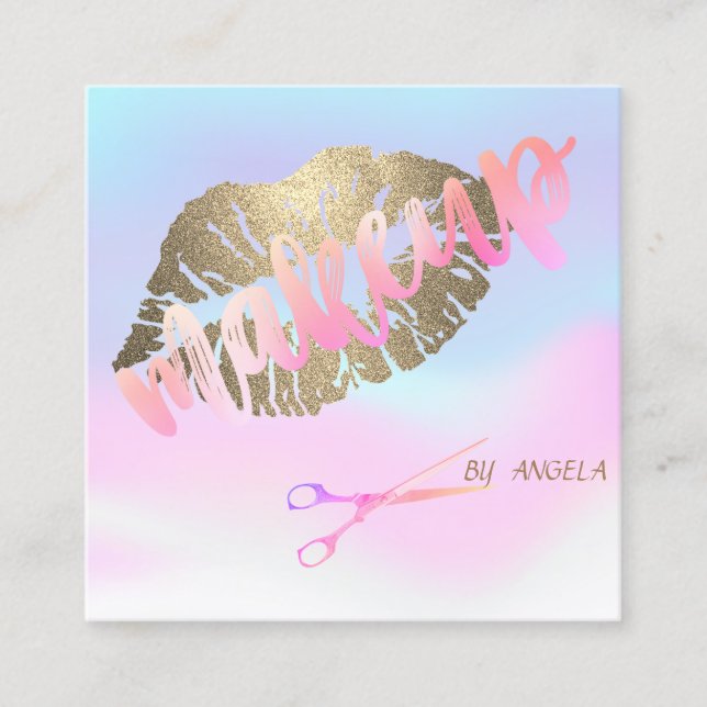 Carte De Visite Carré Lèvres Holographiques Élégantes, Ciseaux (Devant)