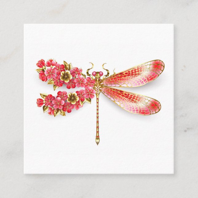 Carte De Visite Carré libellule de fleurs avec sakura de bijoux (Devant)
