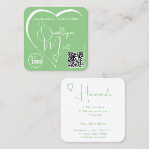 Carte De Visite Carré Light Mint Green Calligraphy Heart Logo QR Code