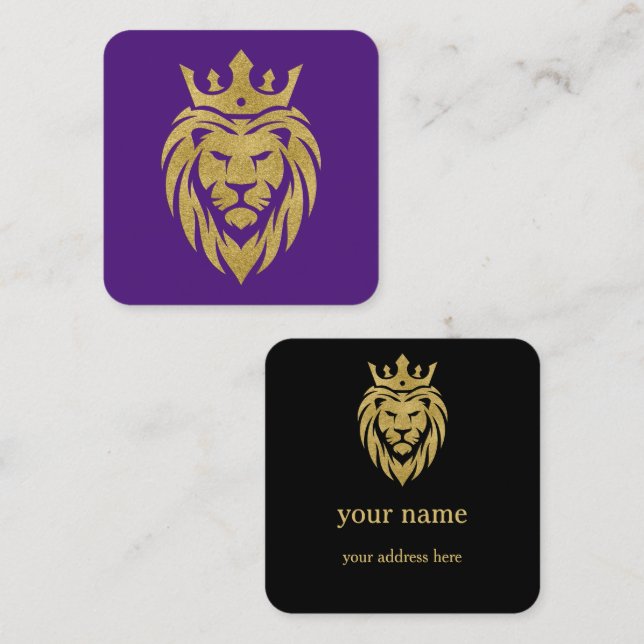 Carte De Visite Carré Lion Avec Couronne - Style Or 3 (Devant / Derrière)