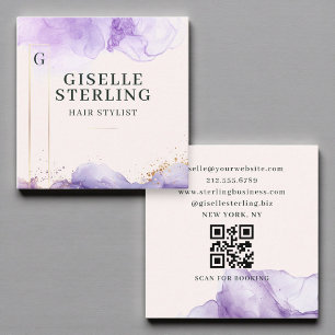 Carte De Visite Carré Liste de cheveux Aquarelle violette Code QR