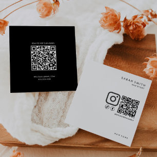 Carte De Visite Carré Liste de cheveux minimaliste noir blanc QR Code