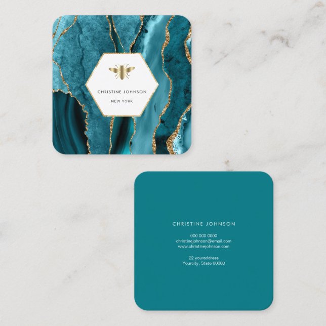 Carte De Visite Carré logo abeille miel sur agate turquoise (Devant / Derrière)