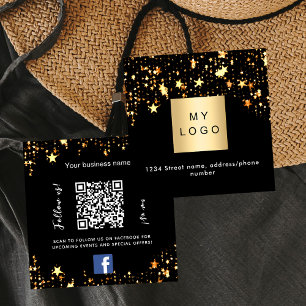 Carte De Visite Carré Logo Black gold stars QR code Facebook Suivez-nous
