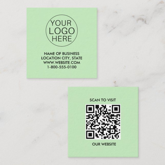 Carte De Visite Carré Logo blanc vert personnalisé et code QR (Devant / Derrière)