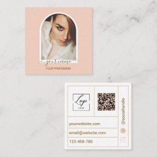 Carte De Visite Carré Logo code QR photo moderne rose écriture manuscrit