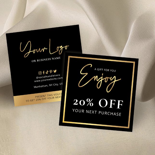 Carte De Visite Carré Logo d'affaires Black & Gold Merci Cadeau à rabais (Black and gold business discount cards with logo, a great way to send a gift to your customers)
