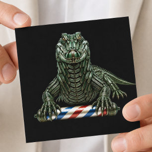 Carte De Visite Carré Logo de barbier Alligator Métal Vert Salon de Coif