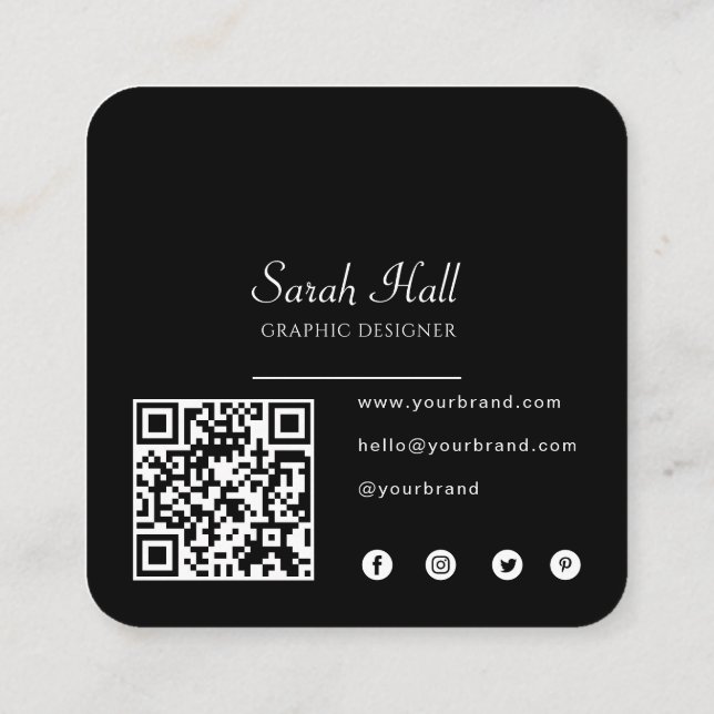 Carte De Visite Carré Logo de Black Custom moderne et code QR (Dos)