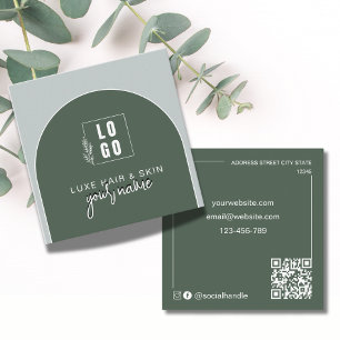 Carte De Visite Carré Logo de code Qr arqué moderne vert forêt
