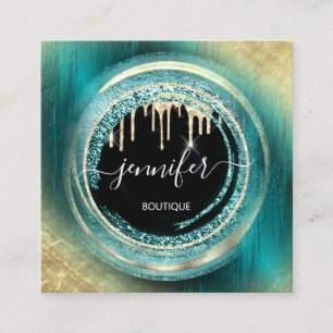 Carte De Visite Carré Logo de code QR Shop Black Gold Drives Turquoise A