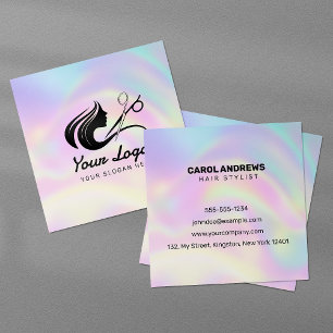 Carte De Visite Carré Logo de coiffeur holographique pastel