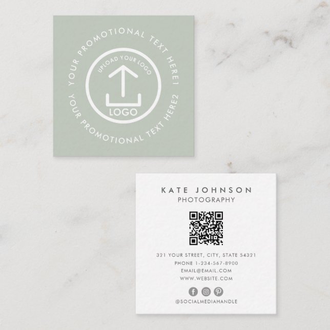 Carte De Visite Carré Logo d'entreprise moderne Scannable QR Code Sage G (Devant / Derrière)