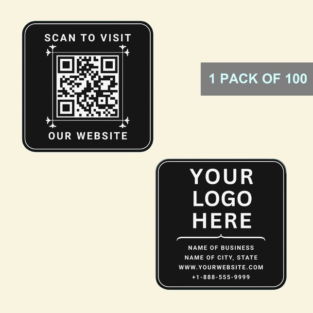 Carte De Visite Carré Logo d'entreprise personnalisé et code QR | Noir m (Modern Black Custom Logo and QR Code Square Business Card)