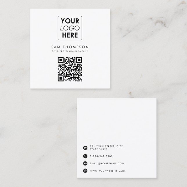 Carte De Visite Carré Logo d'entreprise QR Code moderne Simple Blanc (Devant / Derrière)