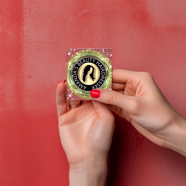 Carte De Visite Carré Logo du code QR en ligne Shopping cadre Holographi (Golden logo & QR code: your gateway to luxury with our holographic card. #GoldenTicketToBeauty)