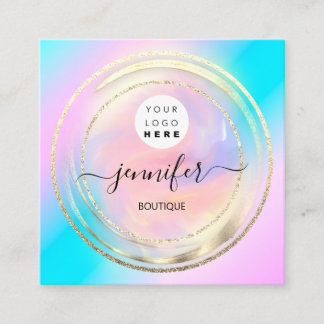 Carte De Visite Carré Logo du code QR Holographic Pink Gold Shop Boutiqu