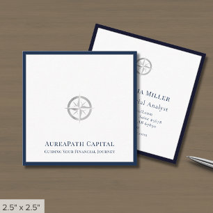 Carte De Visite Carré Logo en Argent Bordure Bleue de Luxe Navy