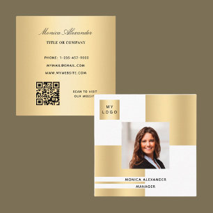 Carte De Visite Carré Logo en or blanc photo code QR