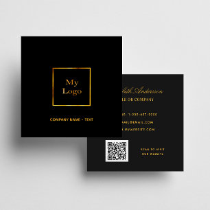Carte De Visite Carré Logo en or noir code QR élégant