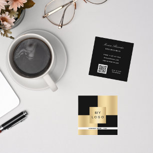 Carte De Visite Carré Logo en or noir élégant code QR moderne