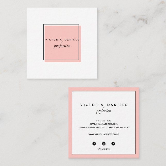 Carte De Visite Carré Logo féminin | Rose | icônes de médias sociaux (Devant / Derrière)