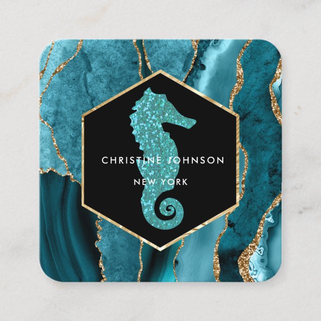 Carte De Visite Carré logo hippocampe sur agate turquoise (Devant)