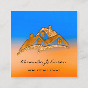 Carte De Visite Carré Logo House Real Estate Agent Home Blue Orange