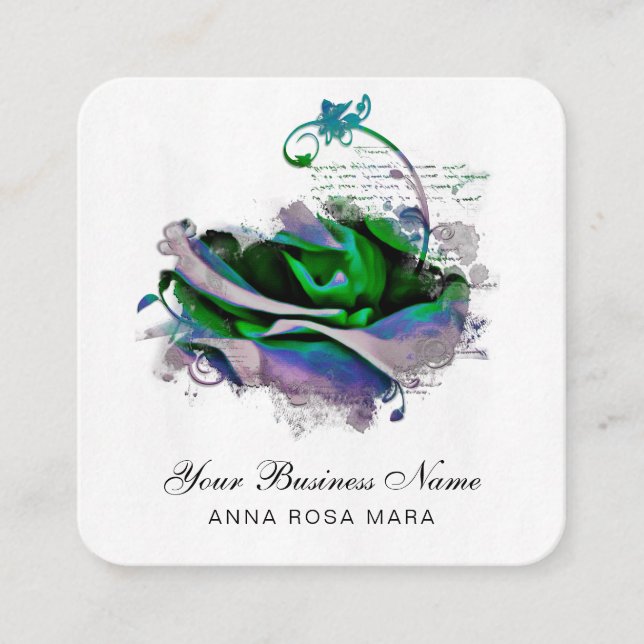 Carte De Visite Carré *~ Logo Lavande QR - Fleur Florale Rose Turquoise (Devant)